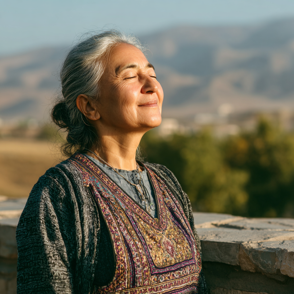 Smiling Uzbek woman in comfortable yoga attire practicing gentle yoga poses in a serene, naturally lit room